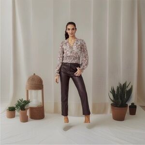 Anthropologie Printed Ruffle Blouse Size S Smocked Long Sleeves